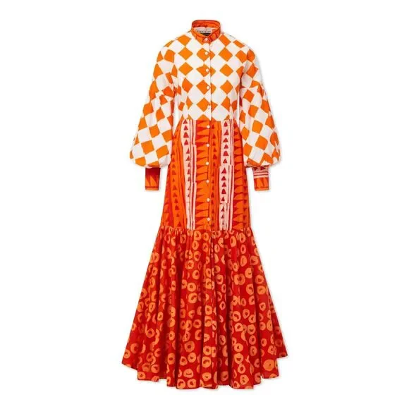 NWT Studio 189 Cotton Maxi Blouson Sleeve Shirt Dress in Orange Size Small